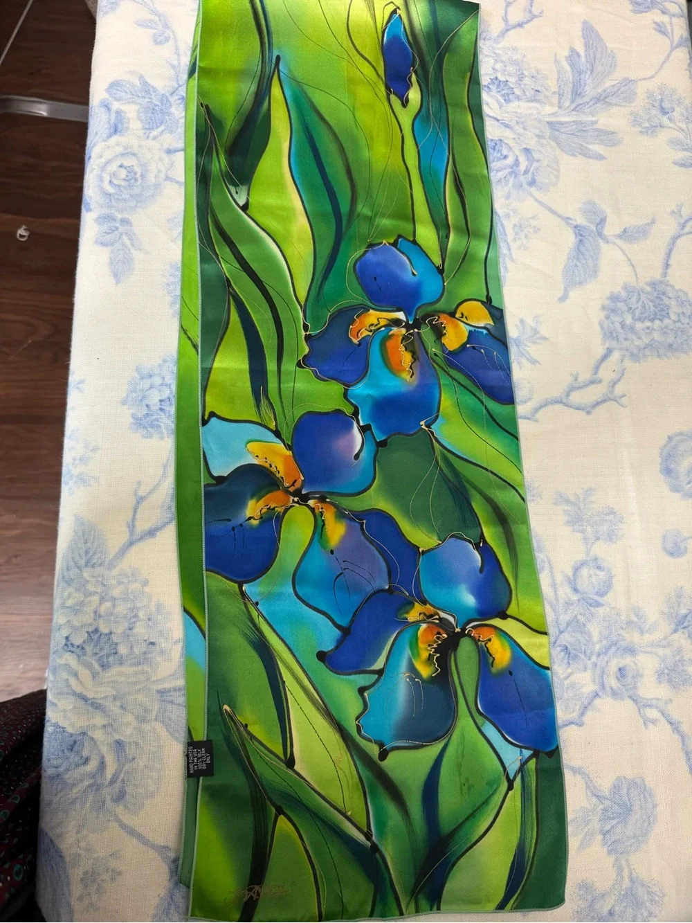 Floral Blue Iris Silk Scarf - Green & Blue